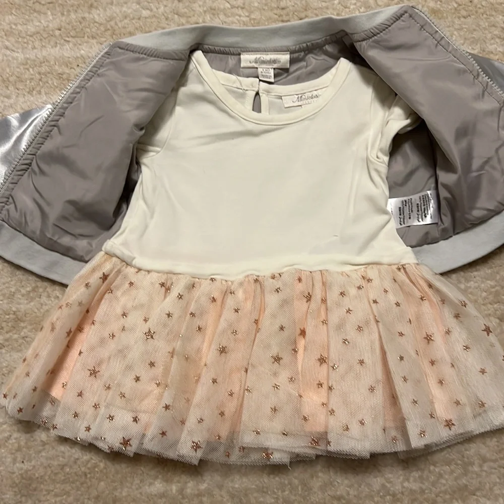 NWOT Miniclasix Silver Satiny jacket with matching shirt with tutu and pants